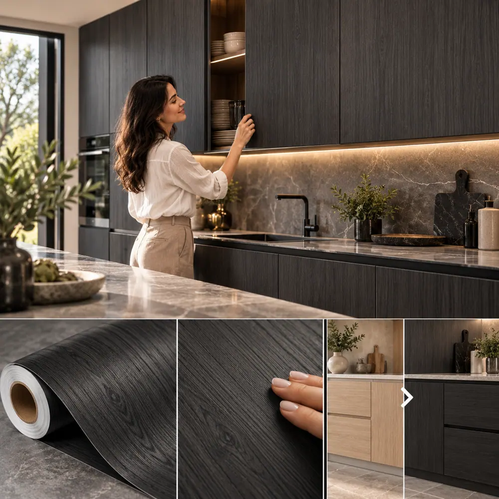 MKK® Woodline Graphite PW703 antrasit ahşap renkli kaplama – temsili mutfak, rulo ve uygulama sonucu