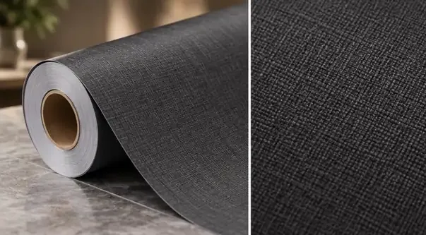 MKK® Linen Dark – Antrasit Keten – Folyo rulosu ve doku (temsili)