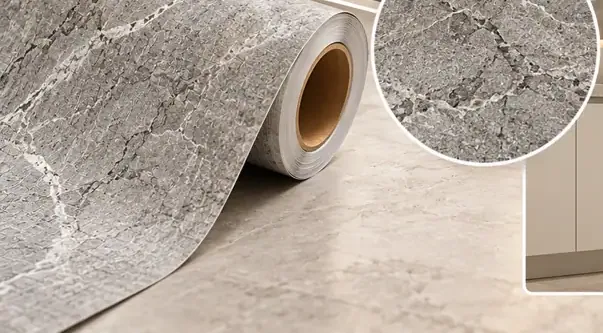 MKK® Travertine Elite – Traverten – Folyo rulosu ve doku (temsili)