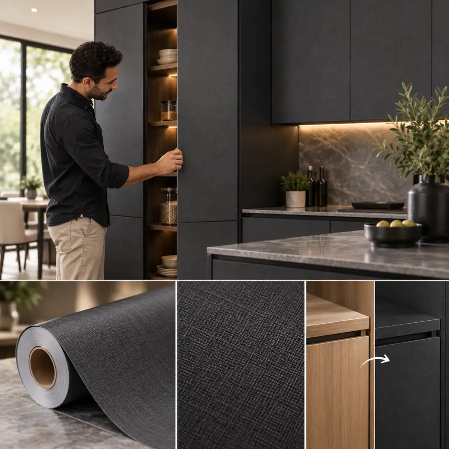 MKK® Linen Dark – Antrasit Keten – temsili dekoratif kaplama uygulama ve doku görseli