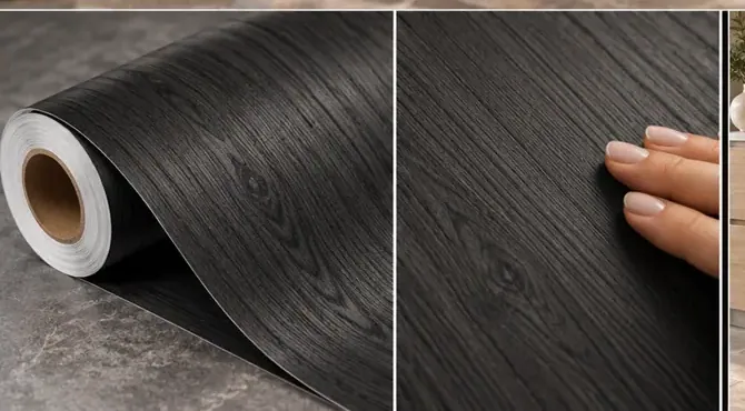 MKK® Woodline Graphite – Antrasit Ahşap – Folyo rulosu ve doku yakın planı – temsili görsel